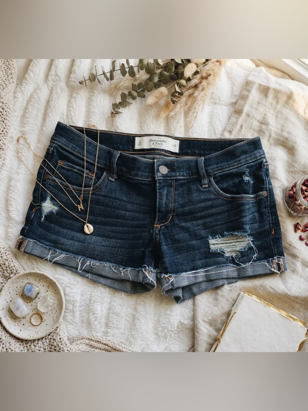 Abercrombie & Fitch Dark Indigo Distressed Denim Shorts